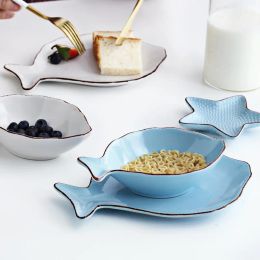 Japanese Ocean Ceramic Breakfast Plat Tableware Whale Fish Dish Shell Starfish Shape Rice Bowl Blue White Porcelain Dinnerware