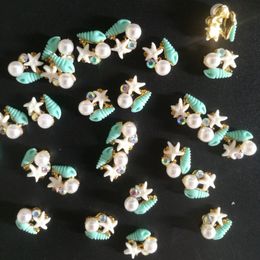 Blue Starfish/Conch Rhinestones/Pearls 10Pcs/Lot Mini Nail Charms Gold Plated Alloy Nail Art Decorations 3D DIY Manicure 2711