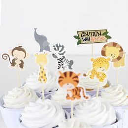 24pcs Jungle Party Safari Cupcake Toppers Baby Shower Party Elephant/Lion/Tiger/Dinosaur Decorations Animal Party Cake Toppers