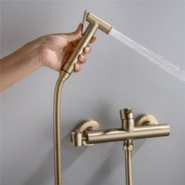 Tuqiu Hand Held Bidet Sprayer Douche Toilet Kit Brush gold Bidet Faucet Set Hot and Cold Copper Valve Set Jet Bidet Faucet Set