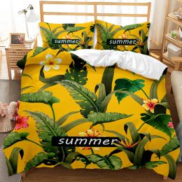 Plant Leaves Duvet Cover Set Tropical Rainforest Yellow and Dark Green Botanical Tropical Jungle Palm Tree Polyester Qulit Cover