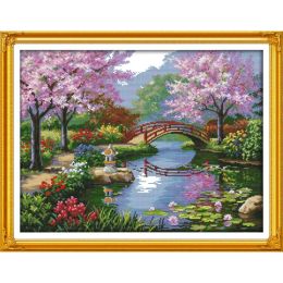 Park Scenery Cherry Blossom Cross Stitch Kit 11CT 14CT Needle and Thread Embroidery Kit DIY Home Landscape Decorative Painting
