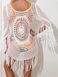 Womens Swimsuit Coverup Crochet Long Sleeve Knitted Dress With Tassel Beach Swimwear Cover Ups