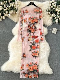 SINGREINY Autumn Sexy Long Dress Fashion O Neck Long Sleeves Slim Korean Mesh Sheer Floral Print Maxi Dress 240408