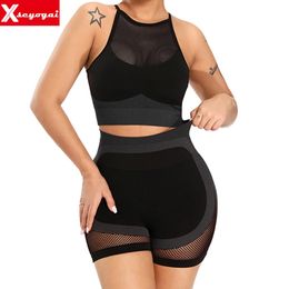 Womens 2Pcs Yoga Tracksuits Workout Outfit Seamless Short Legging Sports Bra Activewear Sport Crop Top Running Clothes Set 240410