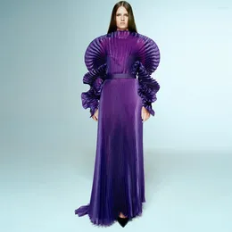 Party Dresses Fashion Dark Purple Pleated Long Prom See Thru Full Sleeves Elegant Formal Dress Modest Gowns