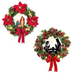 LED Lighted Nativity Scene Christmas Wreath Battery Powered Artificial Poinsettia Flower Bowknot Holy Family Garland Xmas 87HB