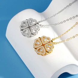 Pendant Necklaces KOFSAC Luxurious Two In One Love Heart Four Leaf Clover Necklace 925 Silver Jewellery Zircon Lucky Grass Fashion Women Girl Gifts 240410