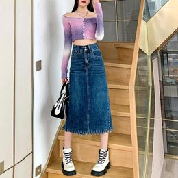 Skirts Blue High Waist Denim Women's Spring Autumn Street Style Slits Show Thin Mid-length Hip Bag Female