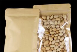 Flat Bottom One Side Clear + One Side Kraft Paper Zip Lock Bag Snack Nuts Powder Beans Spice Gift Resealable Packaging Pouches