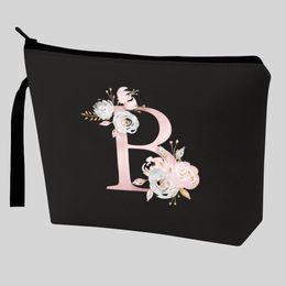 26 Pink Flower English Letter Print Canvas Women Makeup Bag Toiletries Organise Zipper Bag Travel Wash Pouch Cosmetic Bags Purse