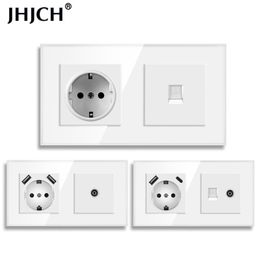 JHJCH EU standard wall socket + TV Tel, tempered glass rj45 cat6 wall connector + computer internet jack 157*86mm