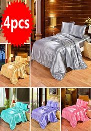 4pcs Luxury Silk Bedding Set Satin Queen King Size Bed Set Comforter Quilt Duvet Cover Linens with Pillowcases and Bed Sheet LJ2009242341
