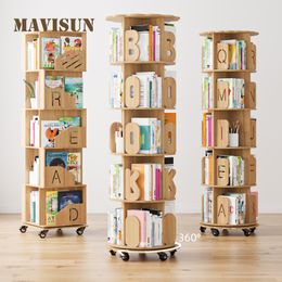 Solid Wood Rotating Bookshelf 360 Degree Bookcase Floor Simple Children's Picture Book Storage Rack Small Pulley Can Be Moved