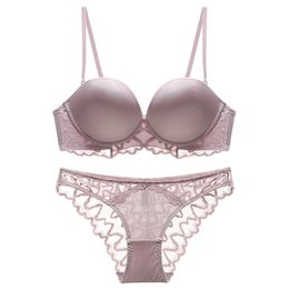 Glossy Cup Removable Straps Push Up Bra and Panties Set with Lace Underwear Soft Breathable Beautiful Sexy Lingerie for Women