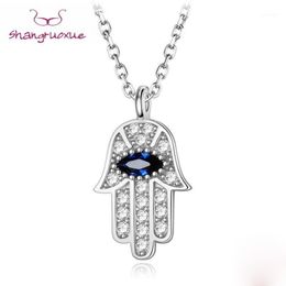 Pendant Necklaces Boho Blue Eye Real 925 Sterling Silver Zircon Hamsa Hand Of Fatima Necklace Lady Crystal Jewellery Choker Vintage 3072