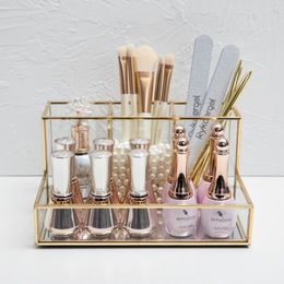 Clear Glass Makeup Organiser Cosmetic Organiser with Golden Covered Edge Jewellery Makeup Container Case Lipstick Organiser