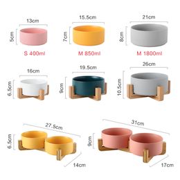Ceramic Pet Bowl Cat Puppy Protected Cervical Spine Cat Food Bowl With Wood Stand Feeding Supplies Double Pet Bowls Dog Feeder