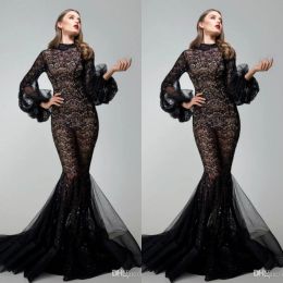 Yousef Aljasmi 2024 Prom Dresses with Long Sleeves Sheer Sexy Black High Neck Mermaid Evening Gowns Sweep Train Formal Dress