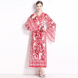 Big Sleeve Pendulum Women's Max Dress Elegant Printed V-Neck Dress With Belt Fashion Loose Party Holiday Vestidos