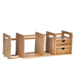 Eco-Friendly Desktop Bamboo Book Cabinet: Adjustable Table Telescopic Shelf for Kids with Drawer Minimalist Storage Furniture.