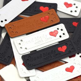 50Pcs Hand Made With Love Labels Red Heart Handmade Tags Brown Black White PU Leather Label For Clothing Hats Sew Accessories