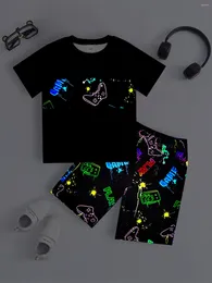 Home Clothing 2pcs Boys Fashion Cool Casual Loungewear Pyjamas Set Gamepad Pattern Short Sleeve Pullover Top Shorts