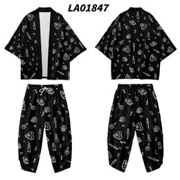 Black Print Chinese Style 2pcs Suit Loose Japanese Samurai Harajuku Kimono Cardigan Women Men Cosplay Yukata Tops Pants Set