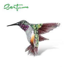 SANTUZZA Silver Brooch For Women Pure 925 Sterling Colourful Hummingbird Animal Trendy Fine Jewellery Handmade Enamel 240401