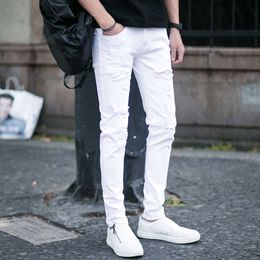 White Jeans, Men's Summer Thin Stretch Slim Fit Pants, Men's Korean Version Trendy Pure White Perforated Long Pants