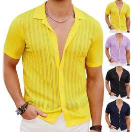 Men's Casual Shirts Short Sleeve Shirt Summer Lapel Cardigan Breathable Knitted Beach Top With Hollow Out Design Lightweight For Vacation