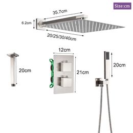 Brushed Thermostatic Shower Faucet Set Dual Handle Ceiling Mounted Square Rainfall With Handshower Concealed Gold Bathroom Tap