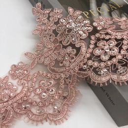 1Yard/13cm Pink Camel Sequin Cording Fabric Flower Venise Venice Mesh Lace Trim Applique Sewing Craft for Wedding Dec.