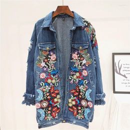 Women's Jackets Fashion Embroidery Flowers Holes Denim Jacket Women Outerwear Korean Loose Long Jeans Coat Female Blue Windbreaker