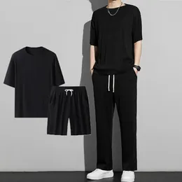 Men's Tracksuits Ice Silk Men Clothing Summer Sports Two-piece Set Round Neck T-shirt Drawstring Pants For Indoor Outdoor Activities Casual