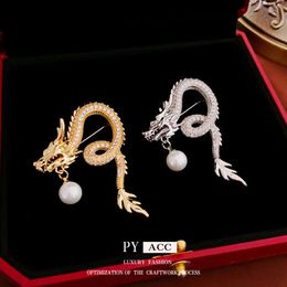 Real Gold Electroplated Zircon Dragon Shaped Pearl Brooch, New Chinese Fashion Temperament, Suit Clip, Light , Versatile Accessory for Women