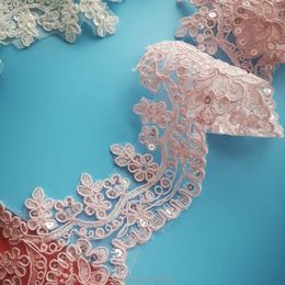 1Yard /8cm Pink Ivory Silver Sequins Edge Polyester Embroidery Lace Trim for Bridal Wedding Gown Costume Design Lace Ribbon