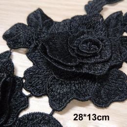 1 Pc Black White 3D Roses Flowers Embroidery Sew On Patches Sewn Applique Embroidered DIY Clothes