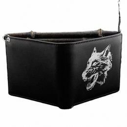 wolf design Leather Mens Bi-Fold Wallet BLACK w/ Biker lg Chain s4hh#