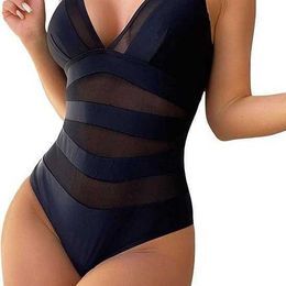 Womens high-end solid Colour jumpsuit V-neck sexy backless swimsuit mesh transparent spicy girl beautiful back 1NAX