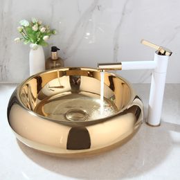 Torayvino Luxury Gold Round Bathroom Ceramic Lavatory Bath Combined Mixer Washbasin Vessel Sink Faucets Set W/ Pop-up Drain