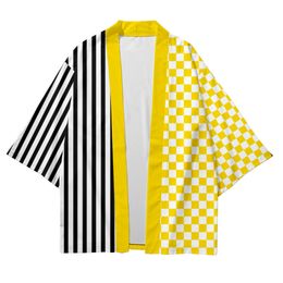 Checkerboard Striped Splicing Loose Chinese Japanese Samurai Harajuku Kimono Cardigan Women Men Cosplay Yukata Tops Pants