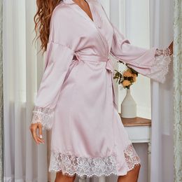 New Style Satin Lace Patchwork Nightgown Kimono Robe Long Sleeve Sexy Full Slip Lace Women Bathrobe Gown Intimate Lingerie