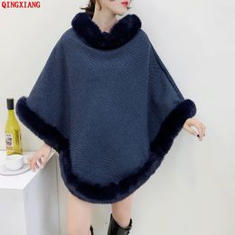 6 Colors Grey Navy Blue Winter Soild Faux Rabbit Fur Women Long Poncho Shawl Cape Knitted O Neck Velvet Warm Pullover Loose Coat