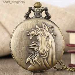 Pocket Watches New hot vintage horse pattern quartz large necklace pocket digital face dial cheap gift Y240410