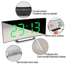 Hot Digital Alarm Clock LED Curved Surface Mirror Electronic Table Clock Large Screen Snooze Desktop Clock For Home Decoration