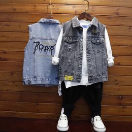 Cool Jackets Waistcoat Kids Vest Fall Clothes For Teenage Boys Vest Stylish Letter Jean Vest Hip Hop Denim Coat Vest Streetwear