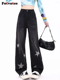 Women's Jeans Fotvotee Baggy Women High Waisted Wide Leg Pants Y2k Streetwear Straight Full Length American Retro Casual Black Clothes
