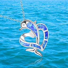 New Sier Fashion Love Dolphin Opal Charm Auspicious Treasure Women's Necklace Pendant