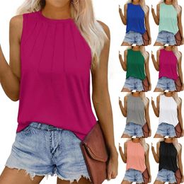 Women's Tanks Womens Summer Tank Tops Pleated Round Neck Sleeveless For Women Casual Flowy